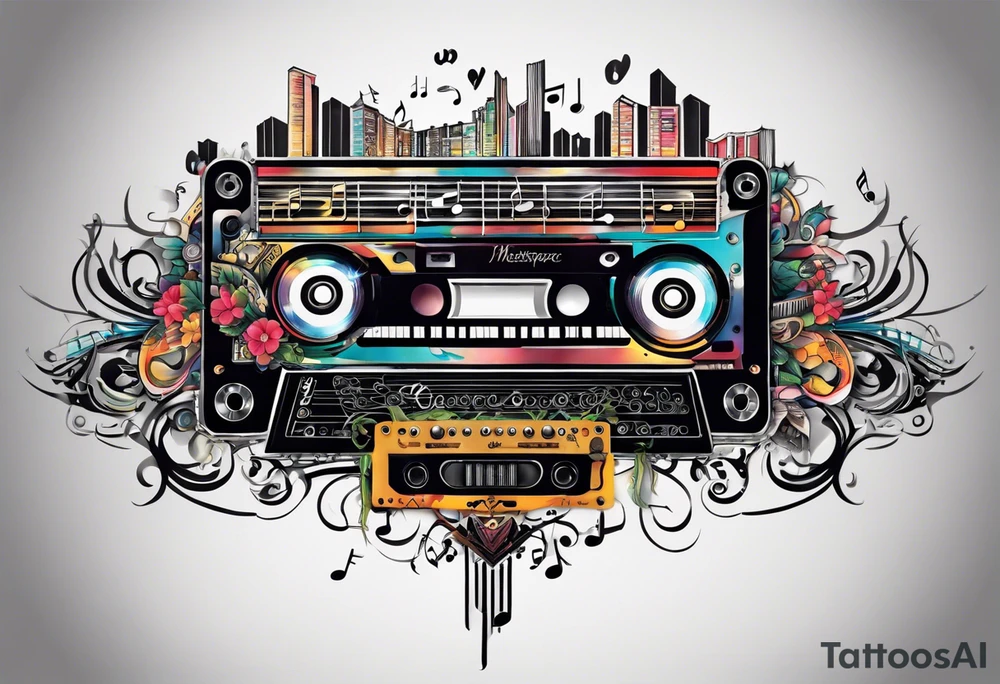 This tattoo features a stylized assembly of various music-related elements. At the center is a cassette tape with realistic details and proportions. It is overlaid with a keyboard, the keys extending outward on one side. There are electric guitars and drums. Intertwined with these are abstract designs, including straight and wavy lines, geometric shapes like triangles, and scientific elements like an atom model. Additionally, a detailed avian creature perches on the tape, adding an organic touch to the otherwise geometric and mechanical motif. tattoo idea