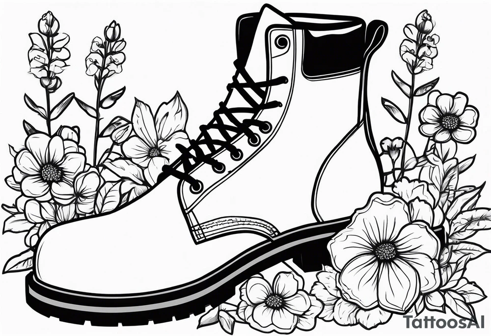 dads work boots sitting with wrench, screwdriver & hammer and a beer around or near it and flowers growing out of the boots. tattoo idea