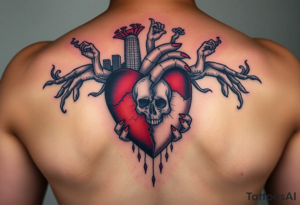A heart that's half broken holding on by a thread and cracked with mandala art around it a city behind it 3 baby hands smoke and demons a skull floating showing it's a single mom just trying to get by tattoo idea