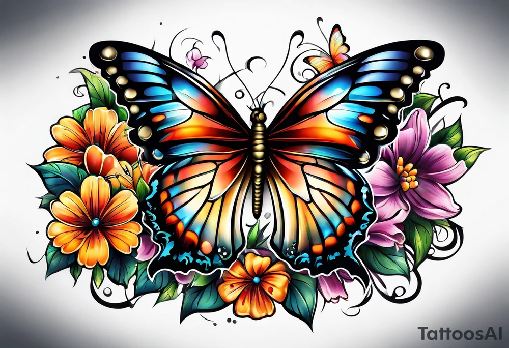 Sleeve with butterflies and colorful flowers tattoo idea