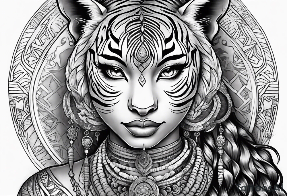 African goddess Japanese traditional style full sleeve with tiger tattoo tattoo idea