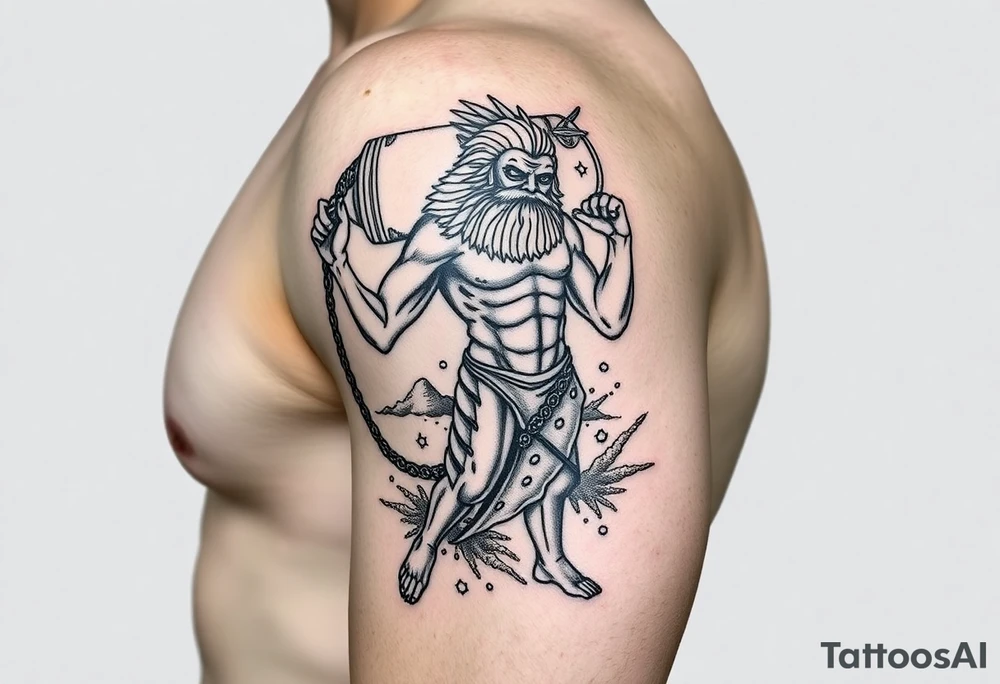 A large humanized aquarius carrying a jar on the shoulder, from the jar flows out of water to create a marine environment tattoo idea