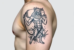 A large humanized aquarius carrying a jar on the shoulder, from the jar flows out of water to create a marine environment tattoo idea