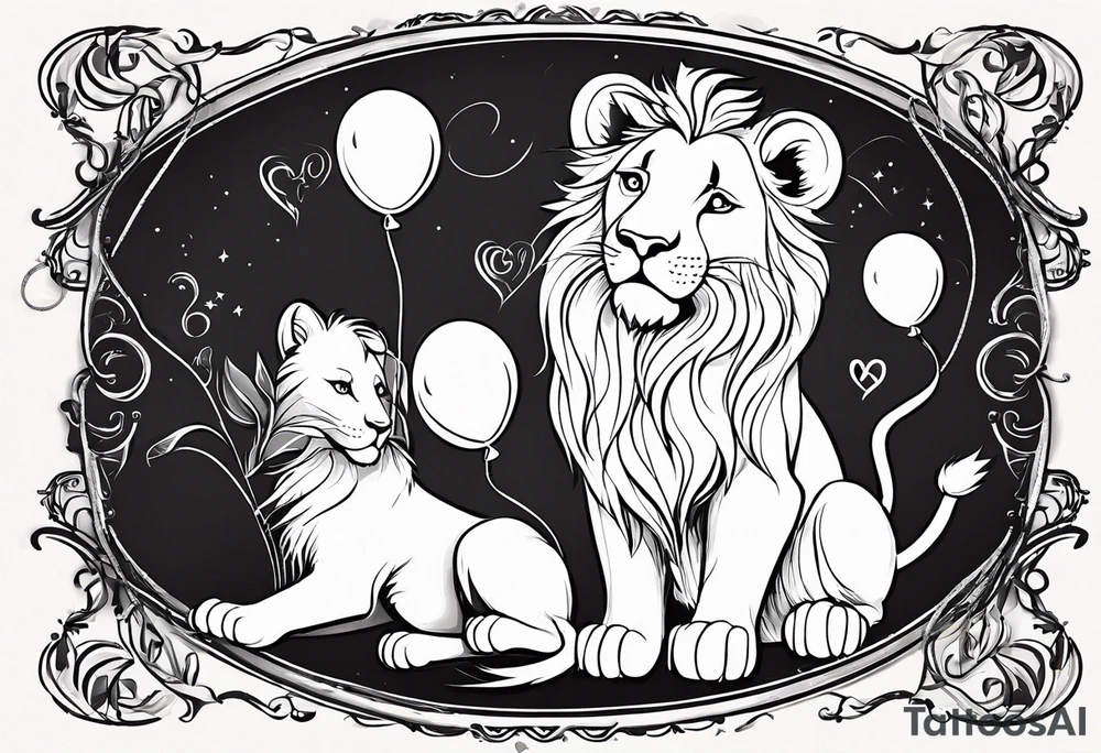 tatoo in sketch style only.
A little lion boy is holding a string to the hearth shaped small party baloon.
lion boy should be drawed from behind and has one hand reaching up in 45 degree angle and holding the baloon string
On the string is a wave which look like a hearbeat pulse.
draw it without any scenery, without any background. Just a boy 
Add heartbeat pulse on the string tattoo idea