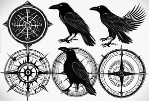 raven silhouette over a viking compass with runes tattoo idea