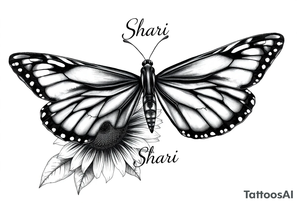 The central focus is a large butterfly with intricate wing patterns, which appears to be a monarch butterfly. It is resting on a sunflower, with its wings spread open.With the name Shari  in it tattoo idea