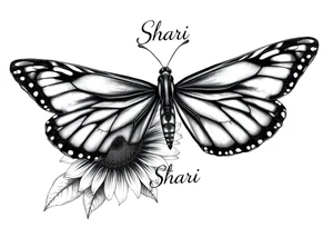 The central focus is a large butterfly with intricate wing patterns, which appears to be a monarch butterfly. It is resting on a sunflower, with its wings spread open.With the name Shari  in it tattoo idea
