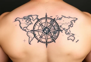 antique compass rose overlaid on weathered world map with sailing ships on hand tattoo idea