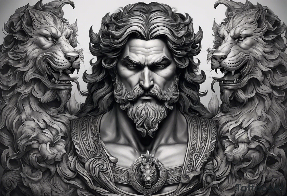 The tattoo features a highly realistic depiction of Hadès, the Greek god of the underworld, holding Cerberus, the three-headed guardian of the underworld, on a chain. Hadès is portrayed with a commanding and imposing presence. His face, marked by stern and intense eyes, exudes authority and control. His dark, flowing hair and beard are rendered with intricate details, adding texture and depth. He is draped in a richly detailed cloak that falls in realistic folds, enhancing his divine and somber demeanor. Cerberus, depicted in a dynamic and fierce pose, is shown with his three heads snarling and baring their fangs. Each head is intricately detailed with lifelike fur, sharp eyes, and menacing expressions. The three heads are chained, with the chains artistically wrapped around Hadès' hand, symbolizing his dominance over the beast. The chains themselves are depicted with realistic textures and shadows, emphasizing their weight and strength. The background remains minimalistic to keep the focus on Hadès and Cerberus. The tattoo uses detailed shading and highlights to bring out the textures of Hadès' cloak, Cerberus' fur, and the chains, capturing the dark and powerful essence of the Greek god and his fearsome guardian. tattoo idea