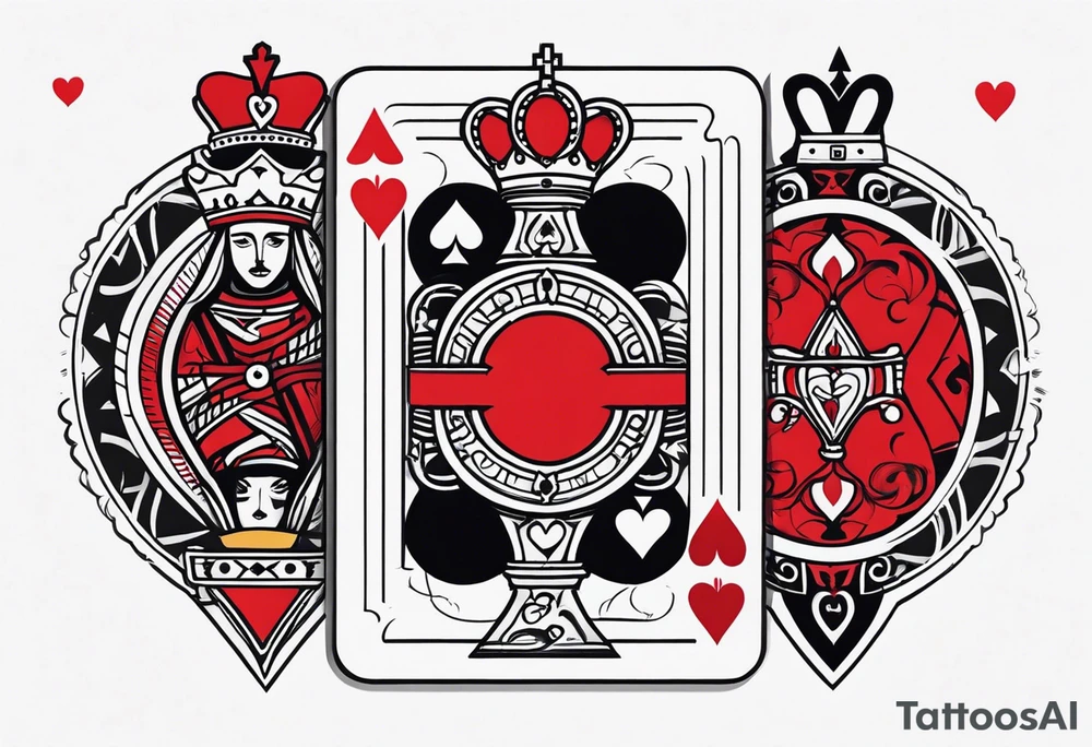 one combined tatto in minimalistic style with three king of spades and one queen of hearts tattoo idea
