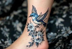 Blue bird with thick floral at the bottom tattoo idea