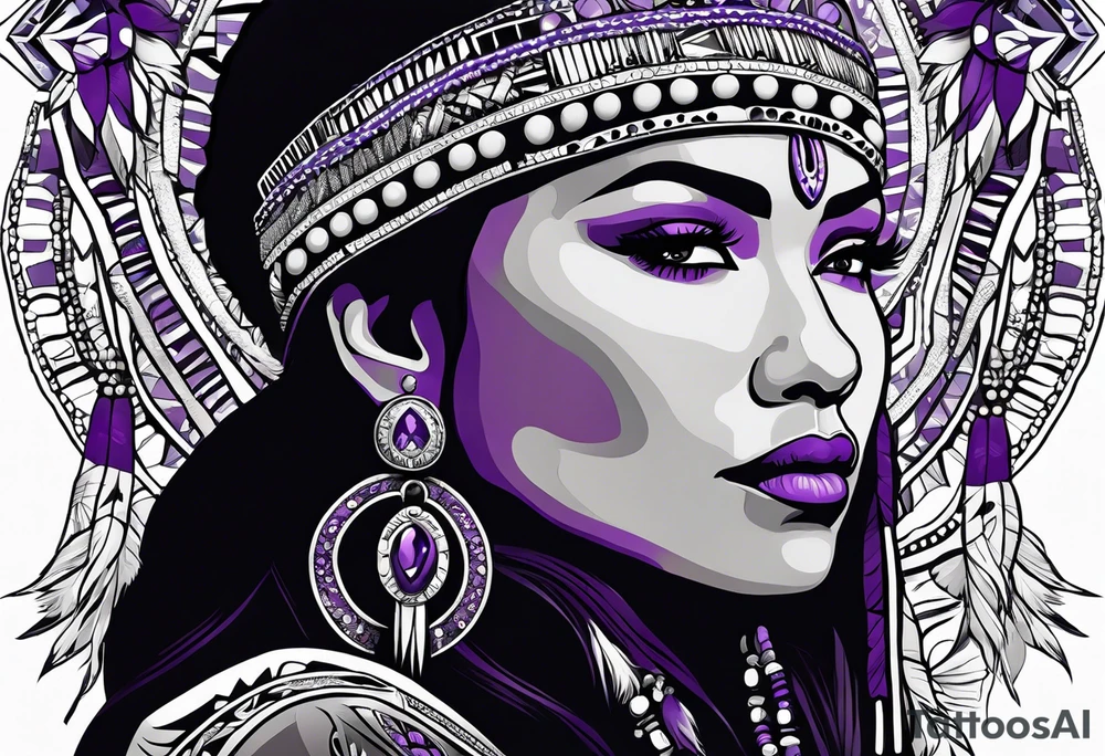 native american woman wearing bead headband with magical purple buffalo tattoo idea