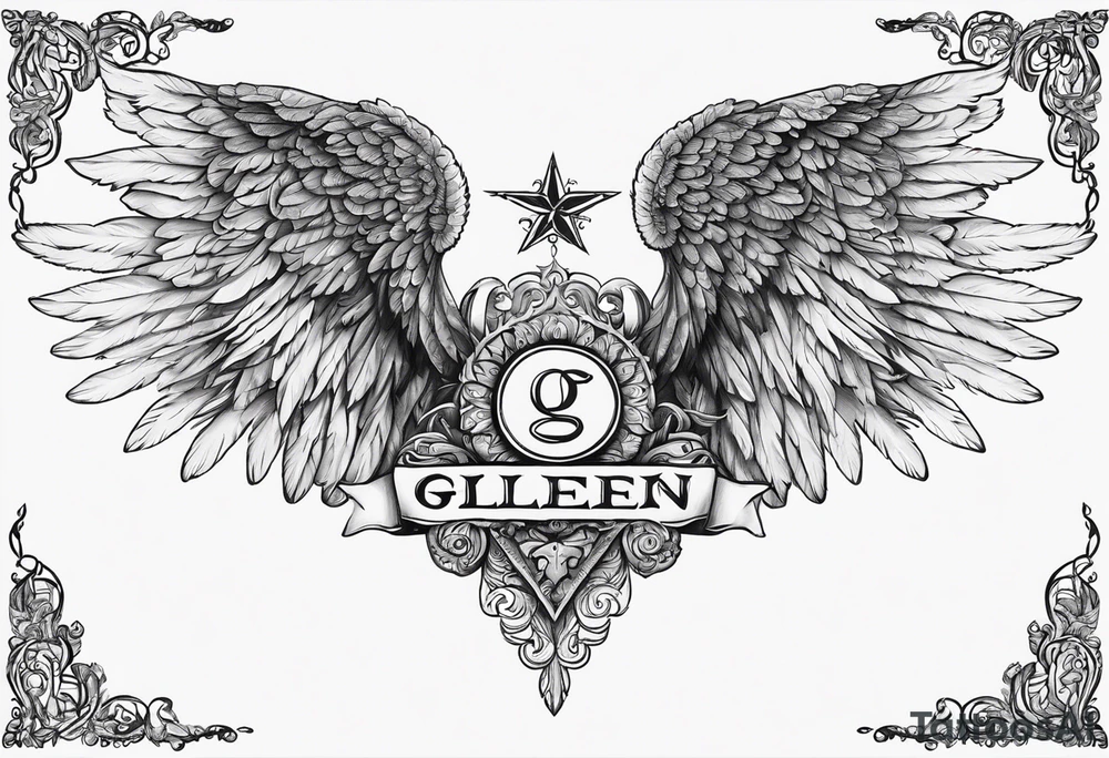 The word Glenn on a banner with angel Wings tattoo idea