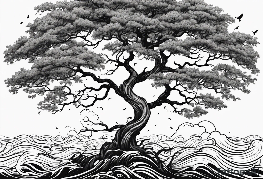 tall oak tree with roots growing around calming waves and a phoenix for forearm tattoo idea