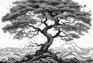 tall oak tree with roots growing around calming waves and a phoenix for forearm tattoo idea