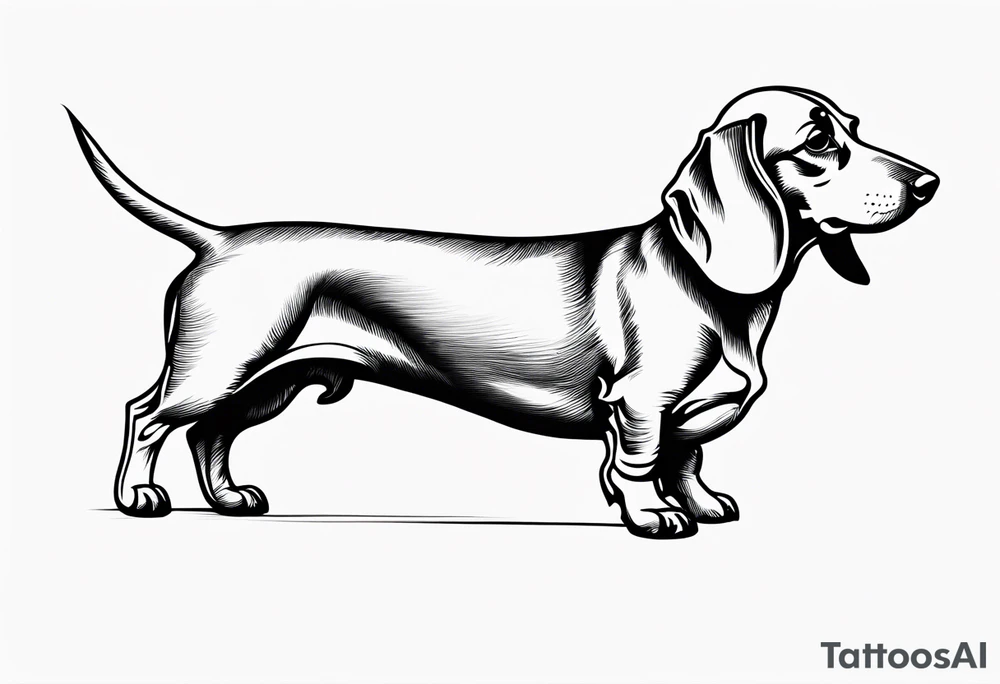 Create a minimalist tattoo of a small Dachshund, capturing its unique shape and playful demeanor with clean lines. tattoo idea