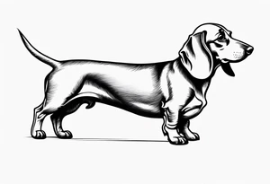 Create a minimalist tattoo of a small Dachshund, capturing its unique shape and playful demeanor with clean lines. tattoo idea