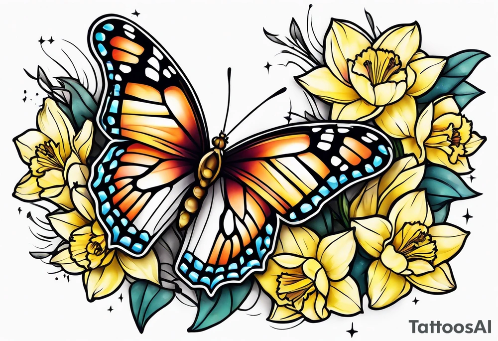 Butterfly, star and daffodils, aster tattoo idea