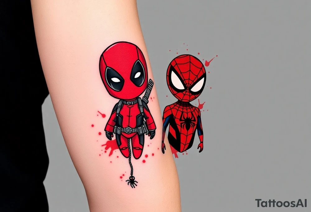 Project: Upper Arm Half-Sleeve Tattoo (Chibi Marvel Duo)
Placement: Upper Arm (Shoulder cap down to just above the elbow)
Reference Images: Chibi Deadpool (Image 1) and Chibi Spider-Man (Image 2)
Design Request & Layout:
* Please stack the characters dynamically to fit my upper arm. I'd like Deadpool positioned near the top/shoulder cap, and Spider-Man sitting near the bottom/above the elbow.
* Use the dangling spider and its web thread, along with loose, energetic construction lines, to transition between the two characters and wrap the design around the arm.
Art & Color Style:
* Linework: Please harmonize both characters into a singular, unified style—blending Deadpool's clean comic ink lines with Spider-Man's raw, cross-hatched sketchbook aesthetic.
* Color: The base of the tattoo should be gritty black-and-grey sketch shading. However, I want vibrant pops of red on their suits.
* The Splatter Effect: Instead of keeping the red cleanly inside the lines, please style the red color as a loose, dynamic watercolor/ink splatter effect that bursts out past their outlines and fades into the negative skin space. tattoo idea