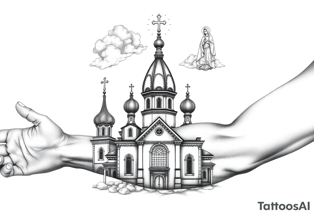 Russian Orthodox church with orthodox spire crosses, with clouds above it and a virgin mary seperately over looking sat above tattoo idea