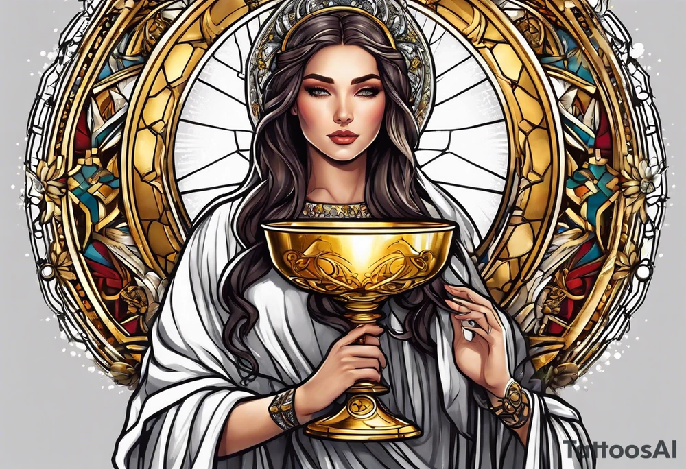 woman saint holding chalice surrounded by golden halo tattoo idea