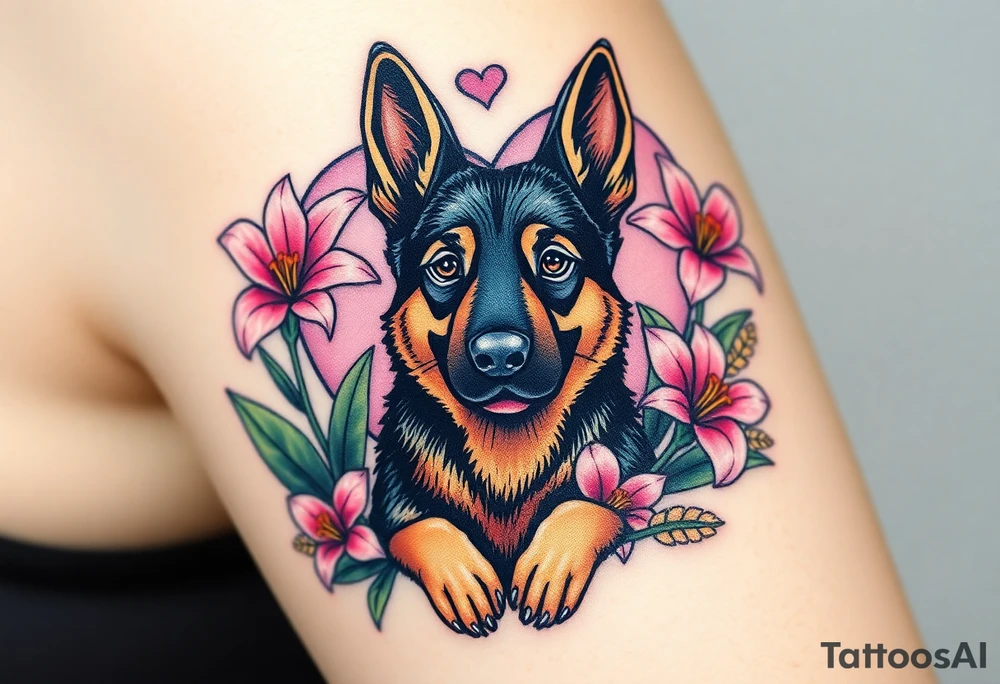 strong short haired german shepherd with alert ears surrounded by pink lilies with large leaves in front of a sacred heart tattoo idea