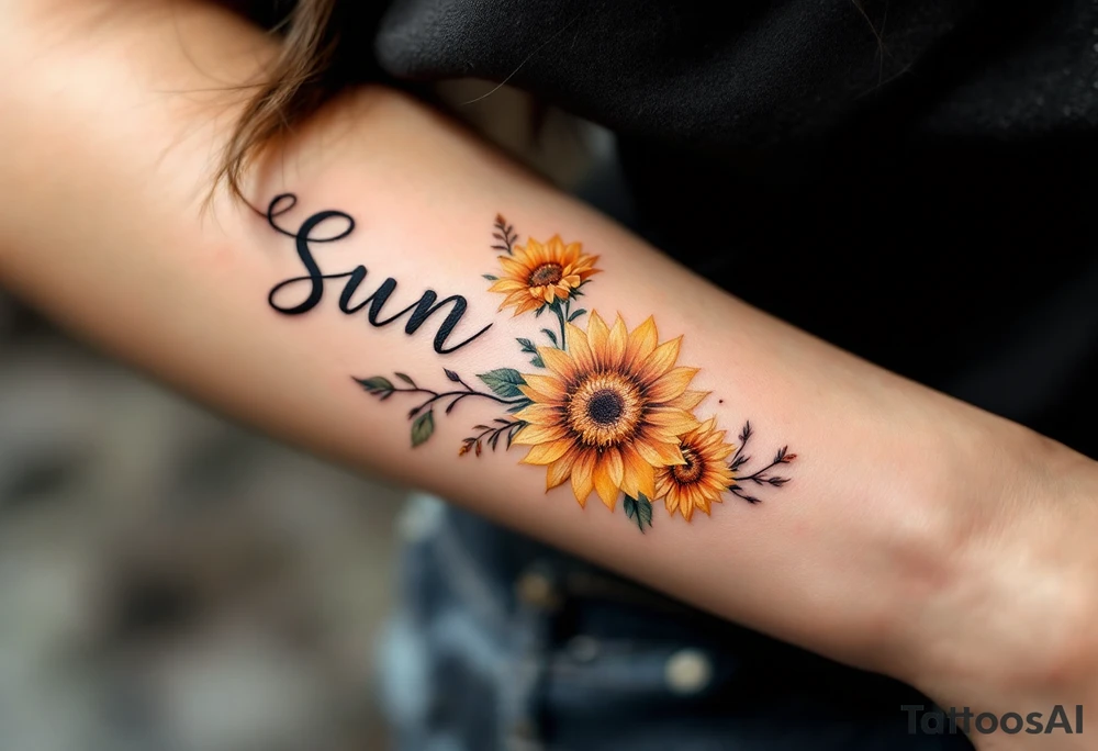 Word "Sun" written vertical with sunflower tattoo idea
