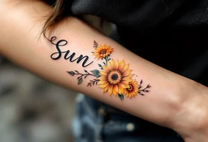 Word "Sun" written vertical with sunflower tattoo idea