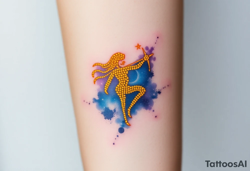 A night sky with Sagittarius figure made of glowing golden dots, surrounded by a soft watercolor galaxy in deep blues and purples tattoo idea