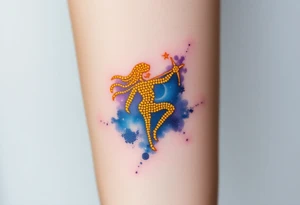 A night sky with Sagittarius figure made of glowing golden dots, surrounded by a soft watercolor galaxy in deep blues and purples tattoo idea