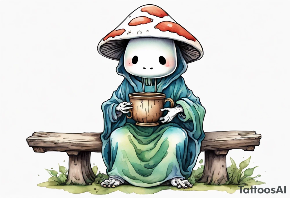 a kodama wearing a mushroom hat and a medieval tunic drinking from a wood cup, sitting on a bench laughing tattoo idea