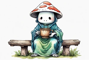 a kodama wearing a mushroom hat and a medieval tunic drinking from a wood cup, sitting on a bench laughing tattoo idea