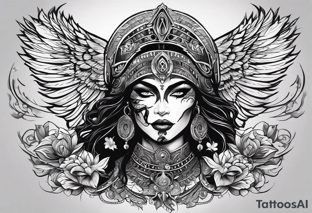 black kali, goddess pirate, alien, pachamama, valkrye, warrior, skull, lotus azul, wing, eagle, zenza resonance, stars, 5D tattoo idea
