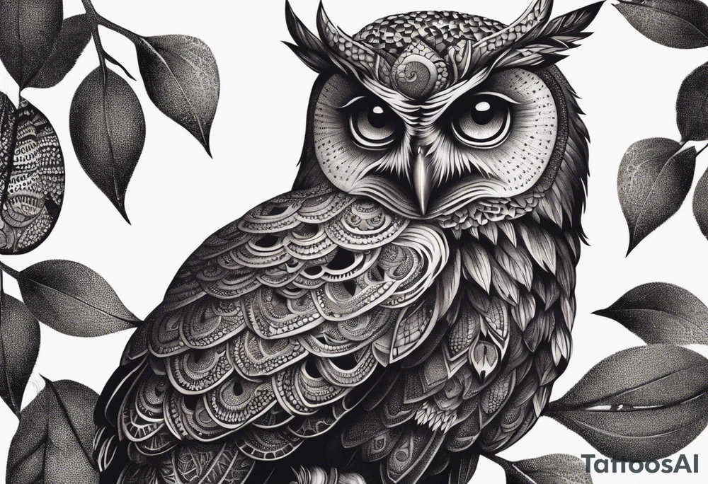 “A wise owl perched on a branch, with large, expressive eyes and intricate feather patterns, representing wisdom tattoo idea