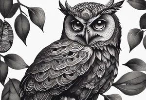 “A wise owl perched on a branch, with large, expressive eyes and intricate feather patterns, representing wisdom tattoo idea