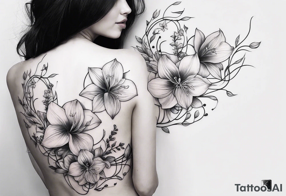 Flower and vine tattoo on upper left back climbing over the shoulder and towards the chest. Flowers should be Lilys, orchids, and dandelions. More empty space tattoo idea