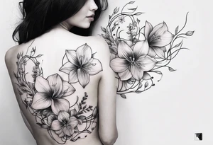 Flower and vine tattoo on upper left back climbing over the shoulder and towards the chest. Flowers should be Lilys, orchids, and dandelions. More empty space tattoo idea