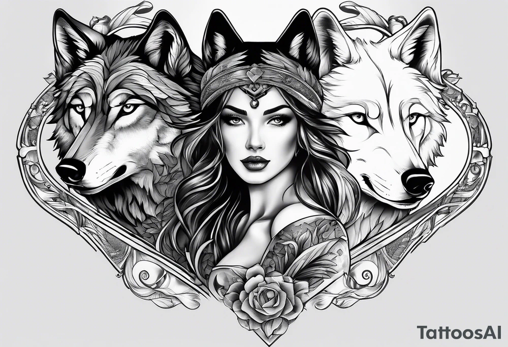 wolf's and woman's head split in half tattoo idea