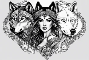 wolf's and woman's head split in half tattoo idea
