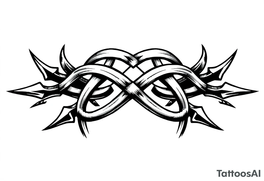 A Celtic knot armband with interwoven loops, featuring pointed ends that give it a dynamic, thorned or blade-like appearance that incorporates nature through roots Designed to wrap around the arm like a torc or tribal band tattoo idea