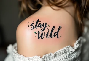 "Stay Wild" in handwritten brush script, black ink with subtle watercolor splashes in earthy greens and browns, giving it a free-spirited, nature vibe. tattoo idea