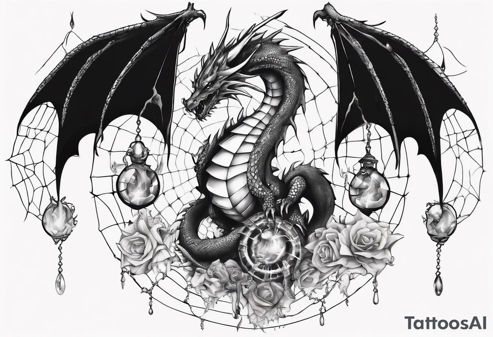 Dragon in a spiral spiderweb with jewels and shattered chalices tattoo idea