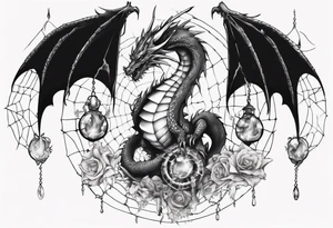 Dragon in a spiral spiderweb with jewels and shattered chalices tattoo idea