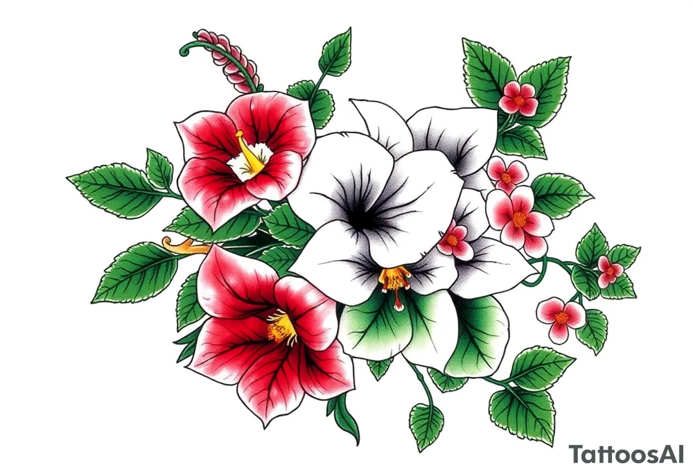 Bouquet of belladonna, foxglove, Virginia creeper, and poison ivy tattoo idea