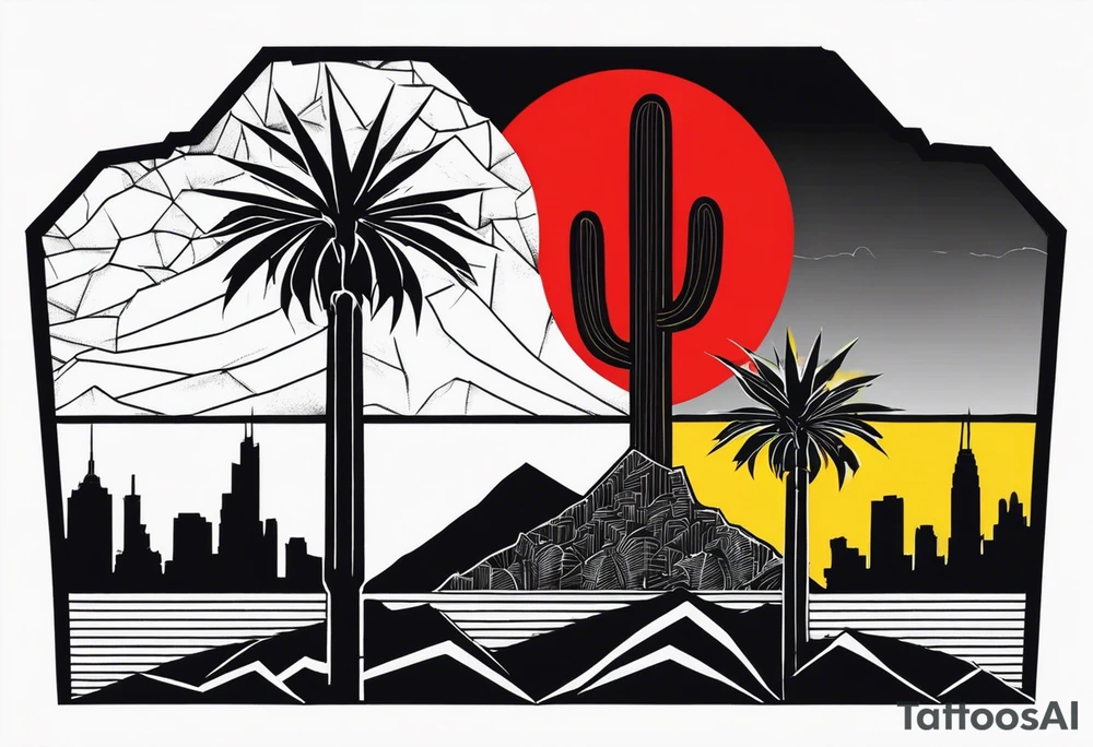 Crest with a hood on top,
13 rays of red and weld-yellow on the top half. NYC sky line
a cactus on the left side and a royal palm on the right side tattoo idea