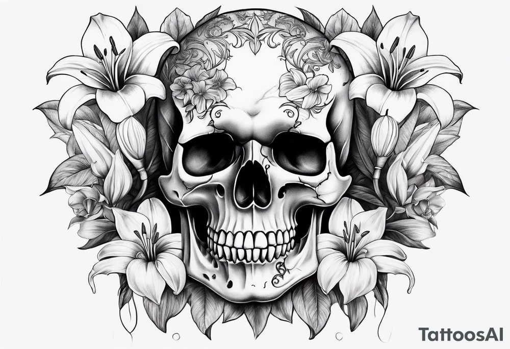 black and white skull with lilies intricate detail tattoo idea black and white skull with lilies intricate detail tattoo idea