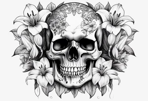 black and white skull with lilies intricate detail tattoo idea