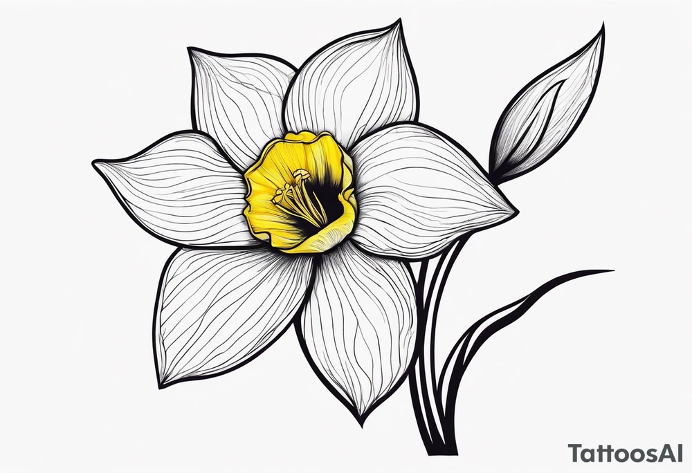 A minimalist daffodil flower. Let the daffodil flower be minimalist and have yellow lines. Let the stem of the flower extend downwards and instead of the stem write "muadil" in cursive tattoo idea