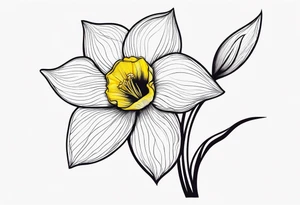 A minimalist daffodil flower. Let the daffodil flower be minimalist and have yellow lines. Let the stem of the flower extend downwards and instead of the stem write "muadil" in cursive tattoo idea