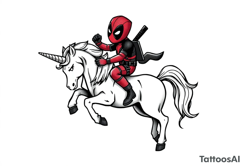 Silly glittery Deadpool riding unicorn tattoo idea